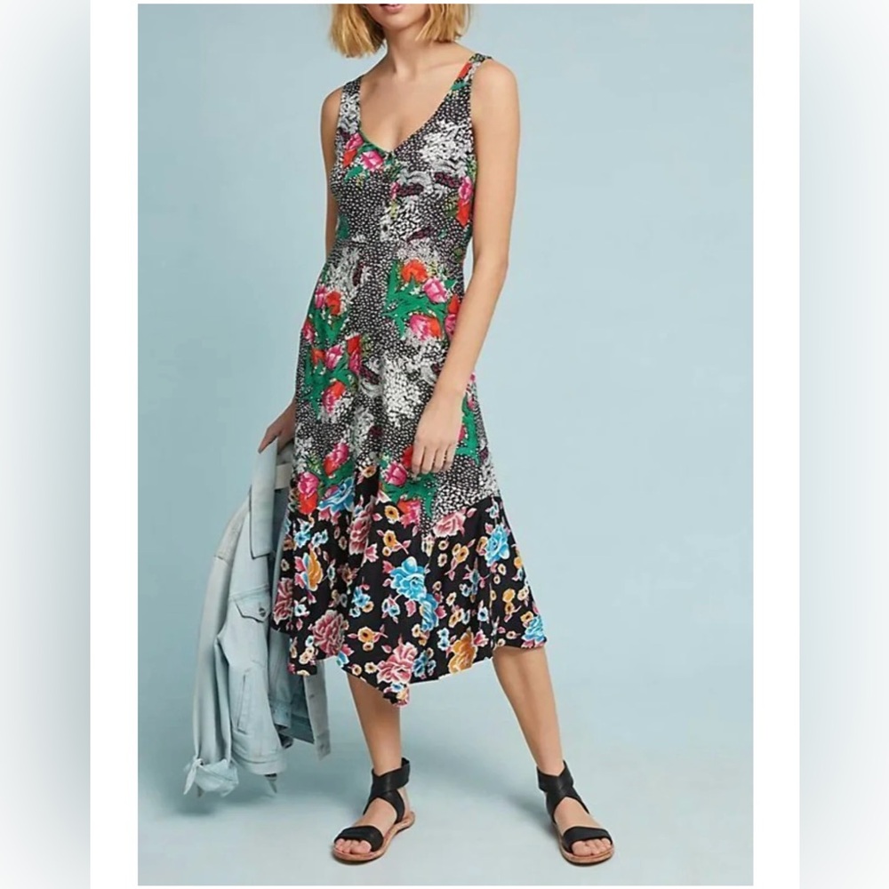 Anthropologie A-Line Midi Dress Black V-Neck Sleeveless Floral  Asymmetric